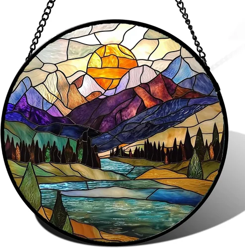 Miniatura 11 de Arte de Vidrio para Colgar en Ventanas, Cielo Azul con Estrellas de Oro Paisaje Abstracto Atrapasoles para Puertas y Ventanas, Adornos
