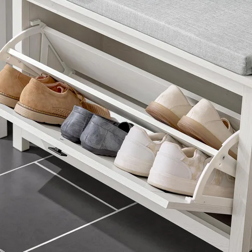 Miniatura 6 de Haotian Banco de almacenamiento de zapatos, para entrada, zapatero para pasillo, zapatero pequeño con cajón abatible y cojín de asiento, blanco