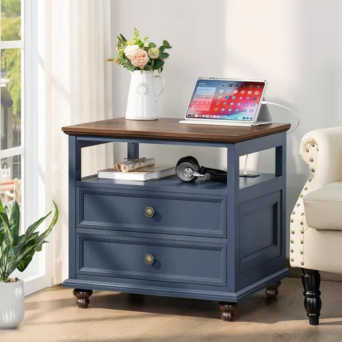 Miniatura 3 de Joaxswe Mesita de noche de estilo granja con estación de carga, mesa auxiliar de 61 cm de ancho con 2 cajones, cómoda azul para dormitorio, cómoda