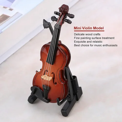 Miniatura 3 de HERCHR Violín en miniatura de madera, violonchelo en miniatura con soporte, mini instrumento musical, modelo de casa de muñecas en miniatura