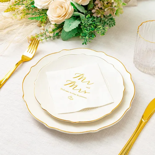 Miniatura 4 de Crisky Servilletas de 3 capas de papel de aluminio dorado Mr and Mrs de cóctel de boda, 100 unidades para bodas, fiestas, recepciones, postres