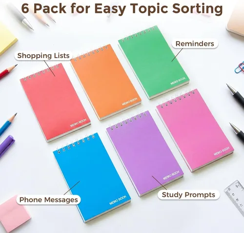 Miniatura 2 de Koogel Paquete de 6 cuadernos de bolsillo de 3 x 5 pulgadas, mini bloc de notas en espiral encuadernado en la parte superior, blocs de notas