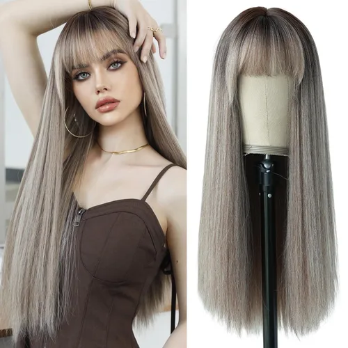 Miniatura 20 de 7JHH WIGS - Peluca de cabello sintético largo y liso con flequillo para mujer, aspecto natural (22 pulgadas, té negro)