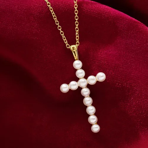 Miniatura 4 de Ross-Simons Collar con colgante de cruz de perlas cultivadas de 0.138-0.157 in en oro de 18 quilates sobre esterlina. 18 pulgadas, Perla, No es una