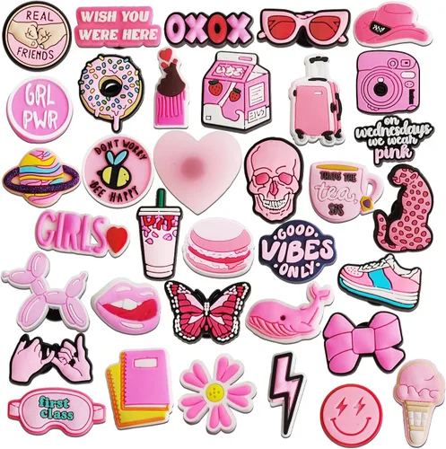 IOKUKI 35 dijes rosados para zapatos para niñas y mujeres, decoración estética de zapatos para sandalias de zuecos, regalos de fiesta rosa