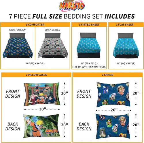 Miniatura 4 de Naruto Anime Bedding - Juego de edredón y sábanas súper suaves con funda, 7 piezas, tamaño full, por Franco