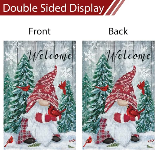 Miniatura 6 de Heyfibro Banderas de Jardín de Gnomos de Invierno Navideño de Bienvenida 12x18 de Doble Cara Arpillera Cardenales Copos de Nieve Nieve Estandarte