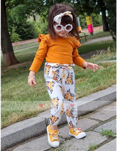 Miniatura 2 de SANMIO Conjunto de ropa para niña pequeña, camisa de manga con volantes, pantalón floral con diadema, 3 piezas, conjunto de ropa para bebé niña 1-5T