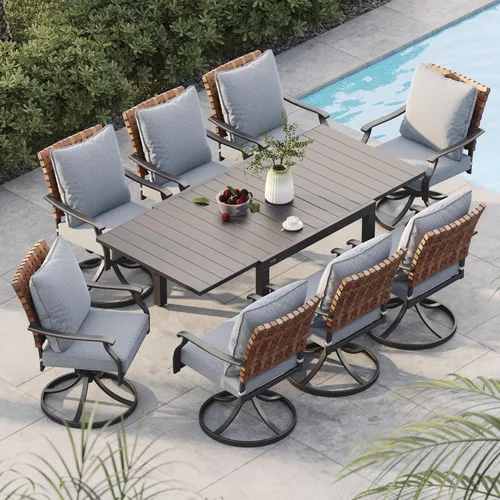 Miniatura 10 de Grand patio Juego de comedor de exterior de 5 piezas, 4 sillas de patio giratorias de mimbre con aspecto de cuero y 1 mesa de comedor cuadrada