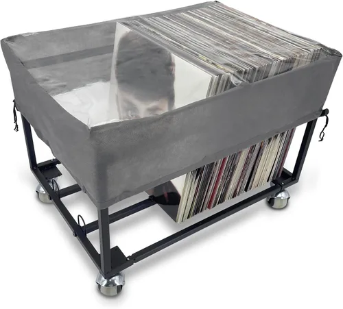OrigoDeco Soporte de almacenamiento de discos de vinilo sobre ruedas, con cubierta antipolvo, soporta hasta 100 LP, soporte de exhibición para