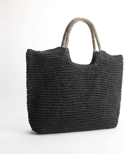 Miniatura 4 de QTKJ Bolso de hombro de paja grande suave tejida a mano bolso de playa negro bohemio con asa de paja retro de verano bolso de ratán negro Negro 118x