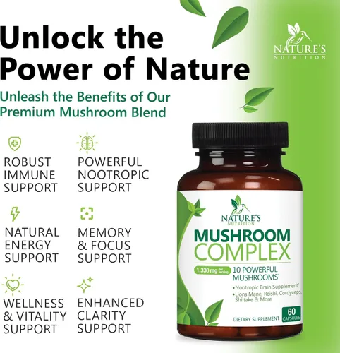 Miniatura 5 de Suplemento cerebral de hongos 10 en 1 mezcla – Complejo de hongos de alta resistencia con melena de león, cola de pavo, reishi, cordyceps, chaga