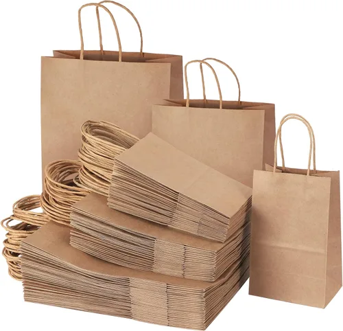TOMNK 120 bolsas de papel marrón con asas de varios tamaños, varios tamaños, bolsas de regalo de papel kraft a granel para negocios, compras, venta