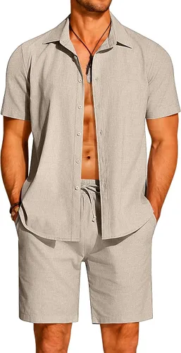 Miniatura 5 de COOFANDY Conjunto de 2 piezas de algodón y lino para hombre, camisas de manga corta con botones, pantalones cortos de playa de verano, trajes