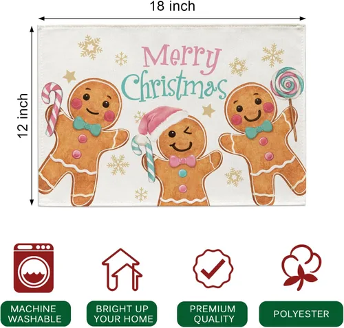 Miniatura 2 de Seliem Juego de 4 manteles individuales de hombre de jengibre con texto en inglés "Merry Christmas" con diseño de muñeco de jengibre, color rosa