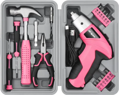 Hi-Spec Destornillador eléctrico 19 piezas 3.6V rosa USB pequeño juego de destornillador de potencia. Destornillador inalámbrico y recargable con