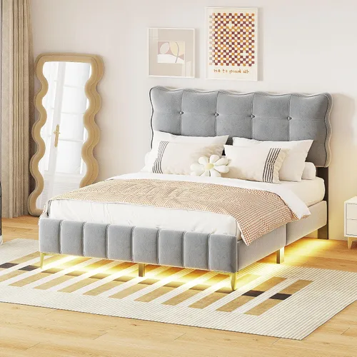 Miniatura 27 de Cama de plataforma flotante, marco de cama de madera tamaño individual con rayas claras, tela de lino suave y cabecera de diseño capitoné