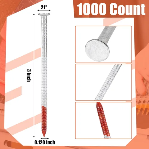 Miniatura 2 de Therwen 1000 unidades clavos de marco de 21 grados con cabeza redonda completa y anillo de vástago galvanizado por inmersión en caliente, clavos