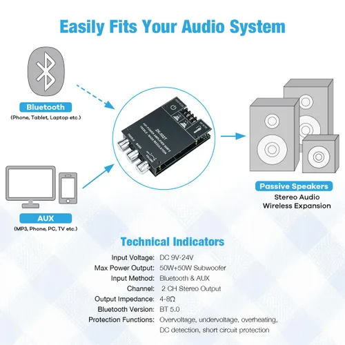 Miniatura 3 de Hosyond ZK-502T - Placa de amplificador Bluetooth 5.0 de 100 W con control de agudos y graves, TPA3116D2 50 Wx2, placa de amplificador Bluetooth