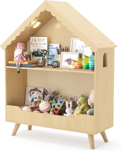 Curipeer Estantería para casa de muñecas para niños, estantería de madera con luz activada por movimiento, organizador abierto de 2 niveles para