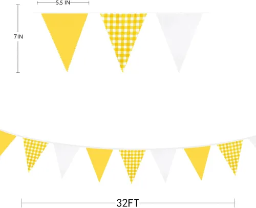 Miniatura 6 de Banderín blanco a cuadros amarillos de 32 pies con banderines de tela a cuadros de tela a cuadros triangulares para picnic, barbacoa, abeja