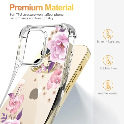 Miniatura 6 de Funda con diseño de patrón de flores para iPhone 13 Pro Max [con protector de pantalla], funda transparente floral para teléfono de mujer a prueba