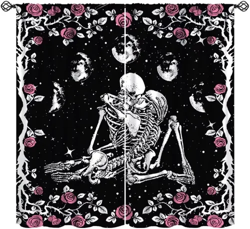 Miniatura 8 de Divertidas cortinas opacas de calavera de azúcar, cementerio del día de los muertos, diseño floral de México, telón de fondo negro, cortinas