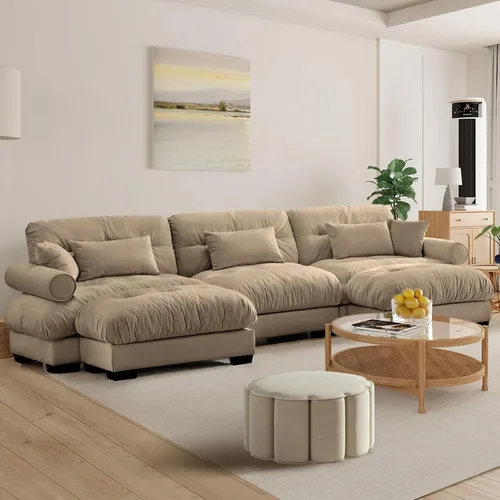 Miniatura 85 de Reposapiés Otomano Tapizado de Terciopelo con Cojín para Sofá Seccional Sofá 300 libras para Sala de Estar (Beige)