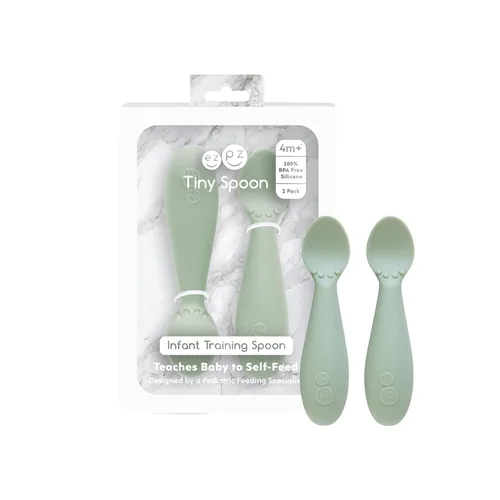 ezpz Cuchara pequeña (paquete de 2 en salvia) – 6 meses + – Cuchara 100% de silicona para el destete LED del bebé + purés – Diseñada por un