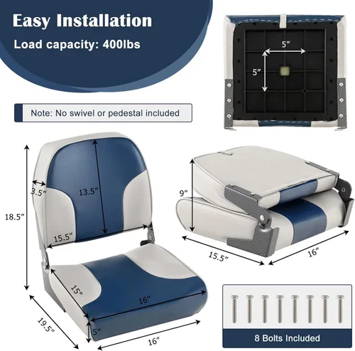 Miniatura 7 de Goplus Asientos para barco con respaldo bajo/alto, asiento plegable para barco con tornillos de acero inoxidable y bisagras de aluminio, acolchado