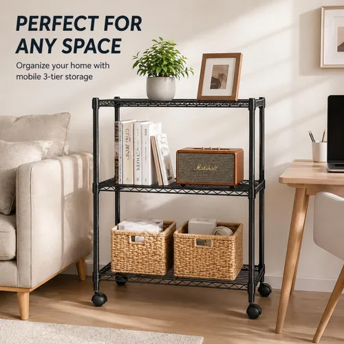 Miniatura 8 de Simple Deluxe 3-Tier Heavy Duty Adjustable Storage Shelf with Wheels, 23.23”W x 13.39”D x 30.31”H, Mobile or Stationary Metal Shelving Unit, Easy