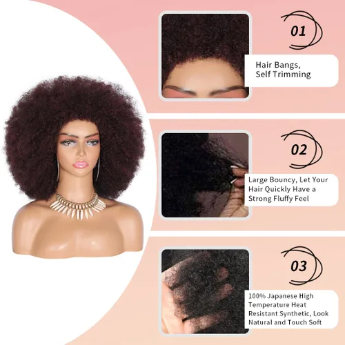 Miniatura 2 de Kalyss Pelucas Afro Largas de 16" para Mujeres Negras, Pelucas Afro Rizado Kinky de los Años 70 Color Negro Cereza, Pelucas Grandes con Volumen