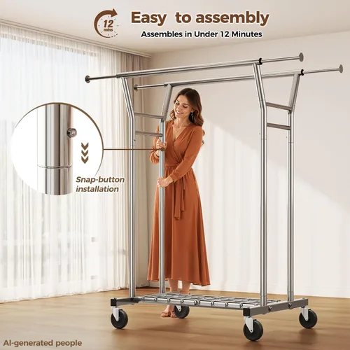 Miniatura 6 de HYSEYY Perchero de ropa resistente, perchero con ruedas para colgar ropa con estantes, carga de 700 libras, armario portátil con ruedas