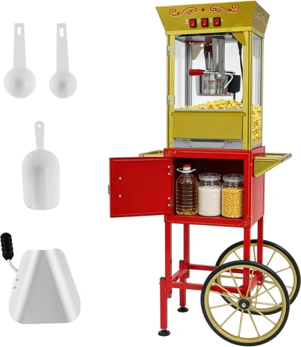 Máquina de palomitas de maíz de 12 onzas con carrito (rojo) - Máquina de palomitas de maíz vintage de gran capacidad - 3 interruptores fáciles con