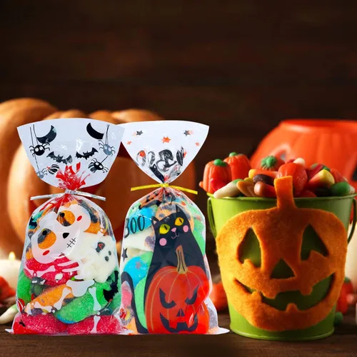 Miniatura 6 de VEYLIN 120 bolsas de celofán de Halloween, bolsas de dulces transparentes para dulce o dulce para suministros de fiesta de Halloween Estilos morados
