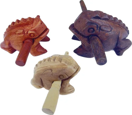 Instrumentos de percusión Guiros Instrumentos musicales de rana de madera, juego de 3 ranas: 4 pulgadas, 3 pulgadas y 2.25-2.75 pulgadas (marrón