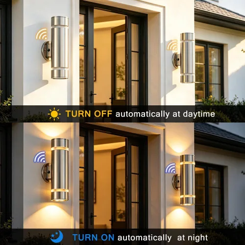 Miniatura 3 de Cerdeco Lámpara de pared cilíndrica de acero inoxidable con sensor de anochecer a amanecer, adecuado para jardín y patio, lámpara de pared moderna