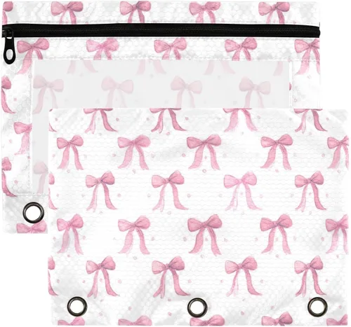 Kcldeci Paquete de 2 bolsas de 3 anillos para lápices, bolsa para lápices con cremallera para carpeta de 3 anillas, bonita bolsa de lazo rosa para