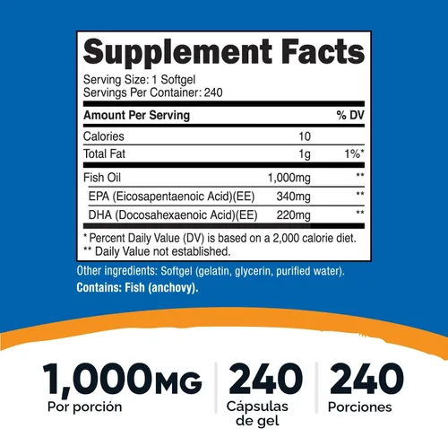 Miniatura 2 de Nutricost Aceite de pescado Omega 3 cápsulas blandas con EPA y DHA (1000 mg de aceite de pescado, 560 mg de Omega-3), 240 cápsulas blandas, sin OMG