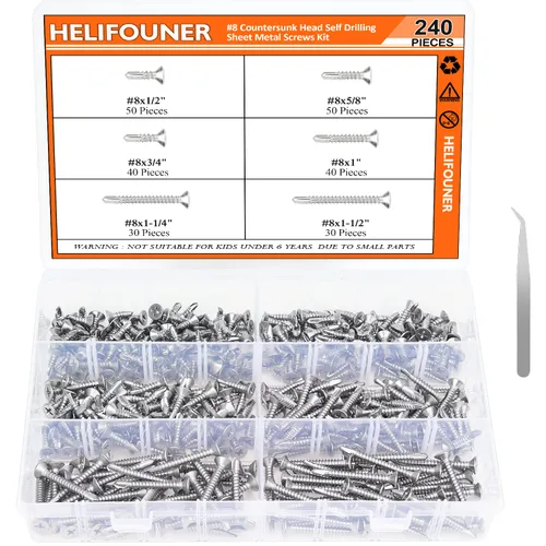 HELIFOUNER Juego de 240 tornillos autoperforantes de cabeza avellanada #8 x1/2", 5/8", 3/4", 1", 1-1/4", 1-1/2" de cabeza avellanada, tornillos de