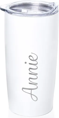Lifetime Creations Vaso de acero inoxidable personalizado grabado con nombre (blanco) - Vaso de metal personalizado, añade tu nombre, taza de viaje