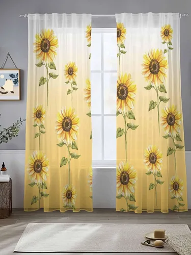 Miniatura 3 de Juego de paneles de cortinas de girasol, cortinas de gasa para cocina, cortinas de gasa de privacidad para sala de estar, dormitorio, decoración