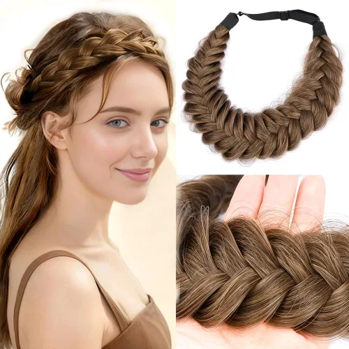 Miniatura 31 de Diadema ancha y despeinada de 2 mechones de cabello sintético trenzado, accesorio de belleza para mujeres y niñas, 62g/2.1 oz (caoba)