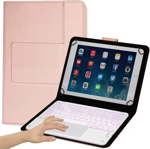 Funda de teclado TouchPad para tabletas de 9", 10", 10.1", 10.5", teclado inalámbrico Bluetooth 2 en 1 con panel táctil, retroiluminación de 7 Rosa