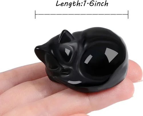 Miniatura 3 de LAIDANLA Estatua de gato dormido de obsidiana negra, cristales curativos tallados a mano, bonita escultura de figura de gatito de 1.6 pulgadas