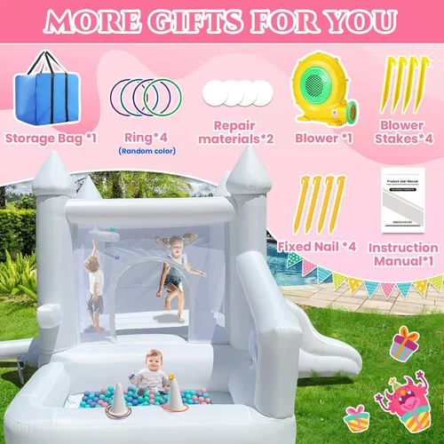 Miniatura 5 de Casa de rebote blanca, casa inflable para niños de 3 a 6 años con piscina de bolas y tobogán, castillo inflable para fiestas de cumpleaños, bodas