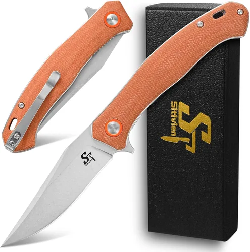 Sitivien ST112 Cuchillo plegable, hoja D2 y mango de micarta, cuchillo herramienta EDC con clip de bolsillo para camping al aire libre, senderismo,