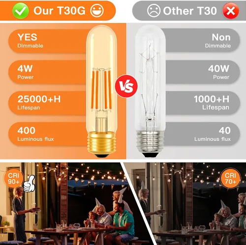 Miniatura 5 de ToBeGreat Bombilla LED T10 equivalente a 4 W, equivalente a 40 W, 2200 K ámbar blanco cálido, bombilla de filamento Edison tubular E26, luz de tubo
