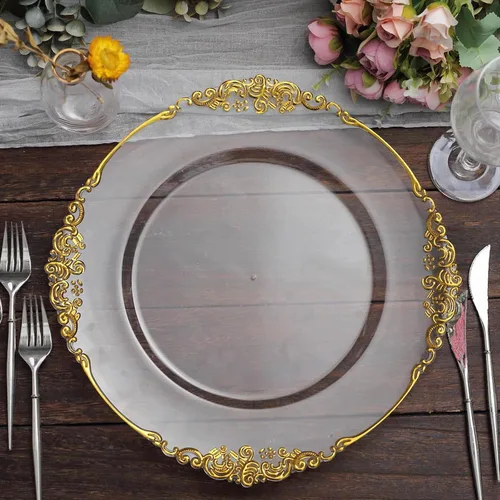 Miniatura 5 de Tableclothsfactory Paquete de 6 platos barrocos redondos de oro transparente de 13 pulgadas, borde en relieve de hojas para decoración de mesa