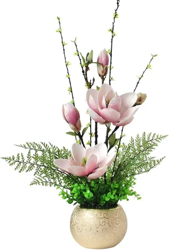 Miniatura 6 de Flor artificial en maceta, flor artificial de magnolia con jarrón redondo dorado, hojas falsas, arreglo floral floral de seda para boda, decoración